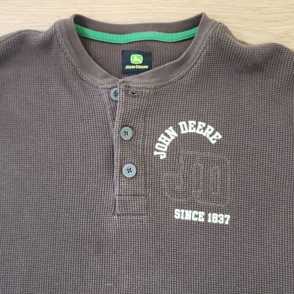 John Deere 100% Cotton Shirt Mens XL Brown Long Sleeve Henley Thermal Embroidery
